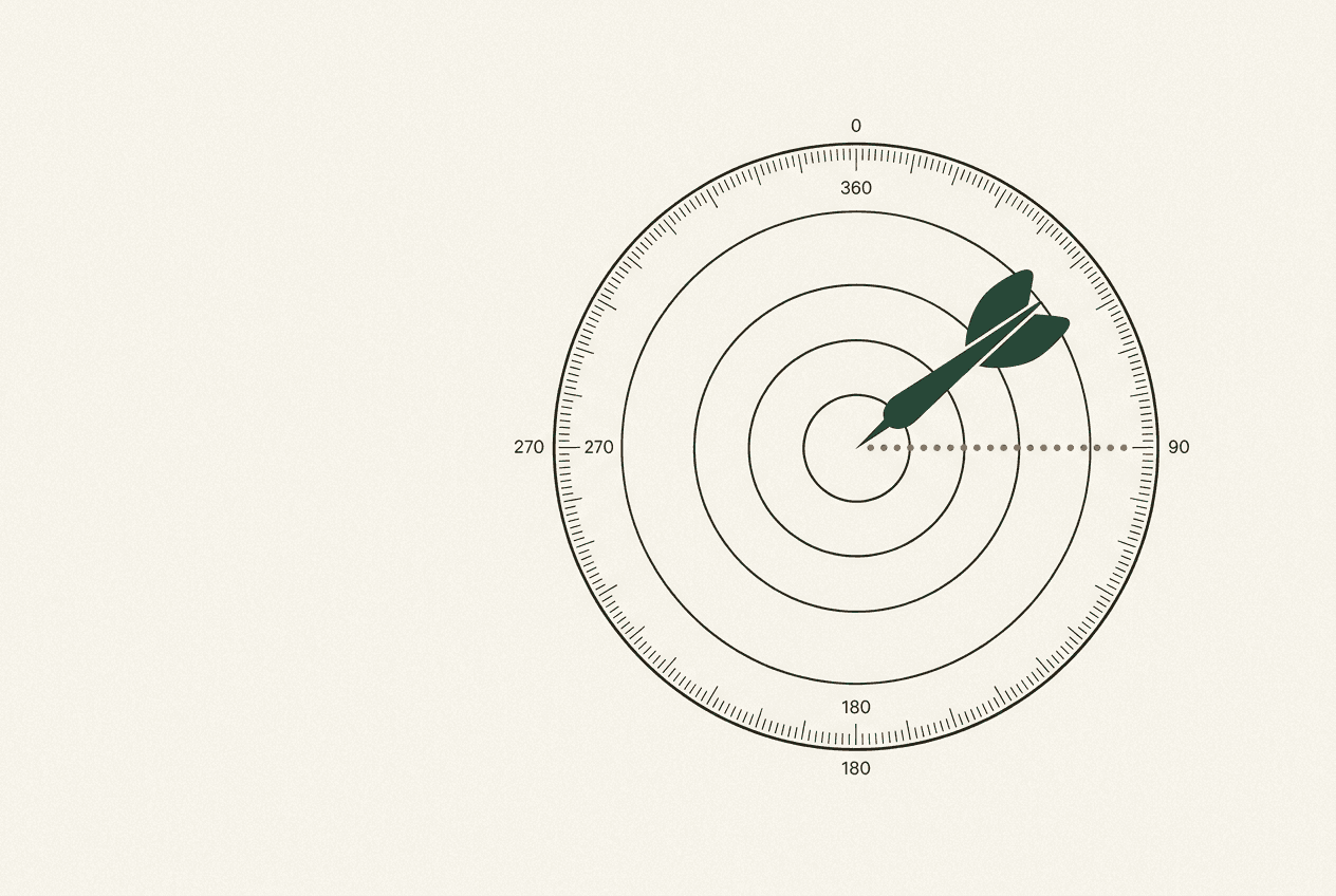 Minimal illustration of concentric target rings with a small dart arriving at the center