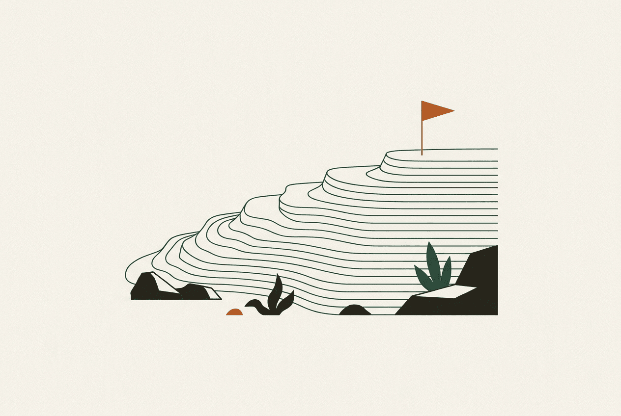 Minimal illustration of terraced contour lines rising in steps toward a small flag at the summit