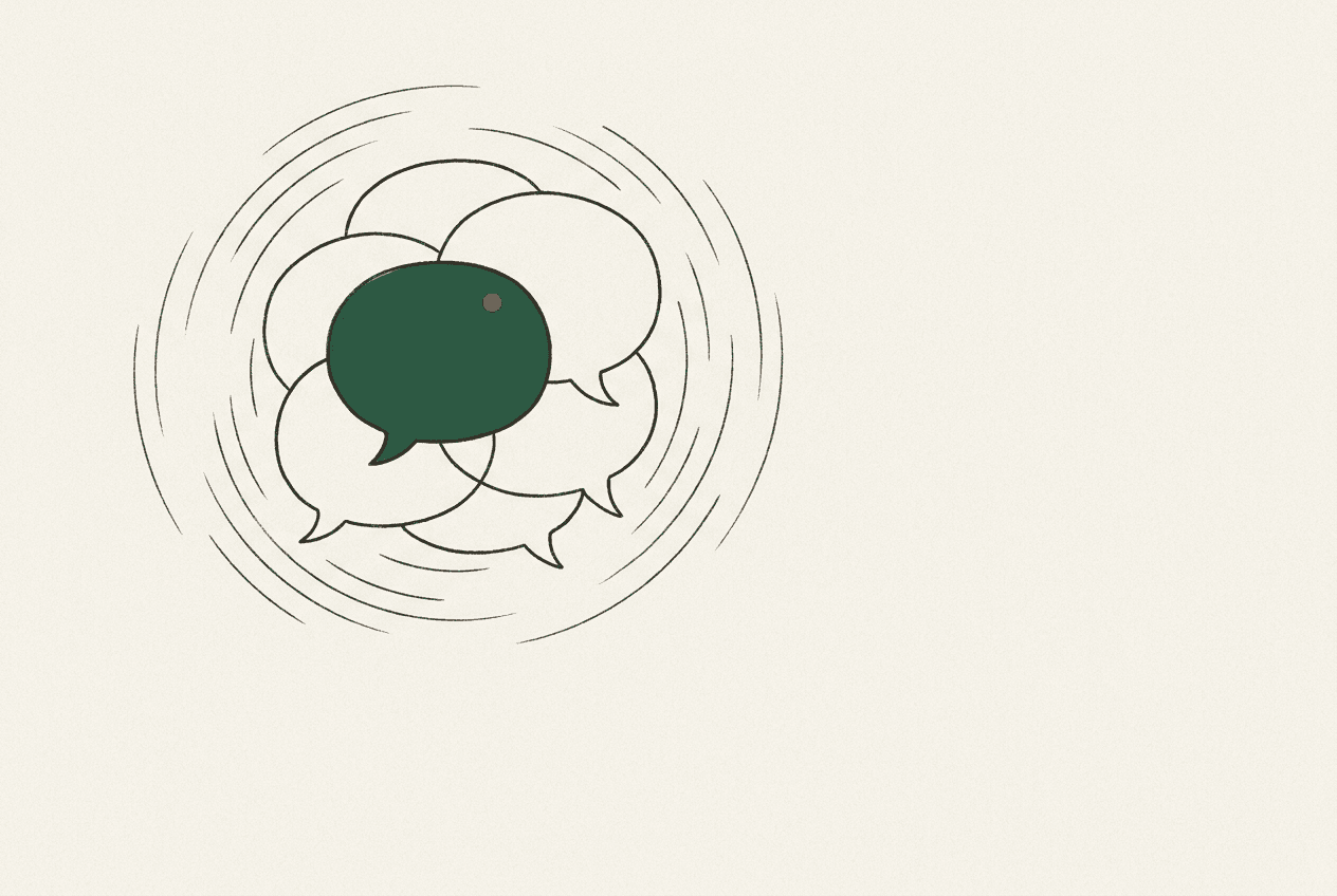 Minimal illustration of overlapping speech bubbles with ripple arcs radiating outward