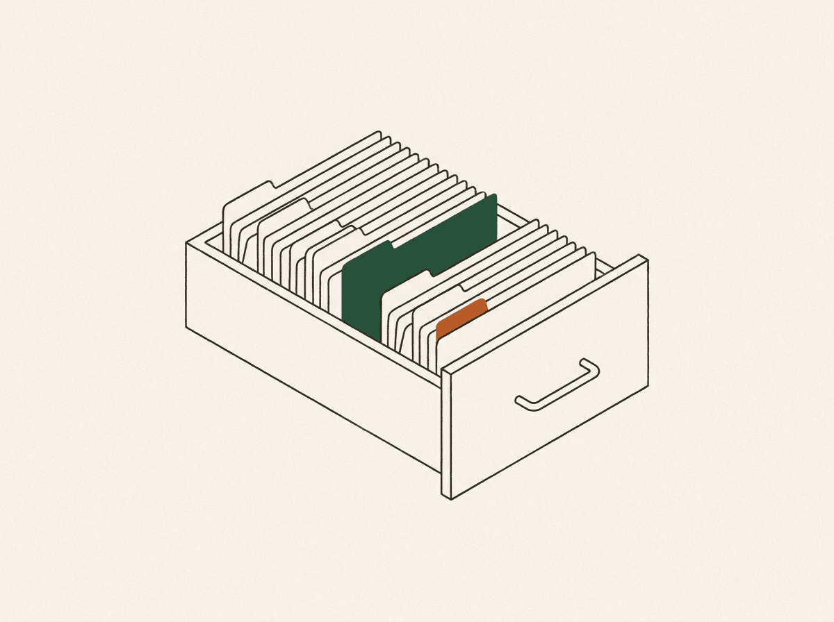 Minimal illustration of an open archive drawer of tabbed file folders, one folder green with an orange index tab