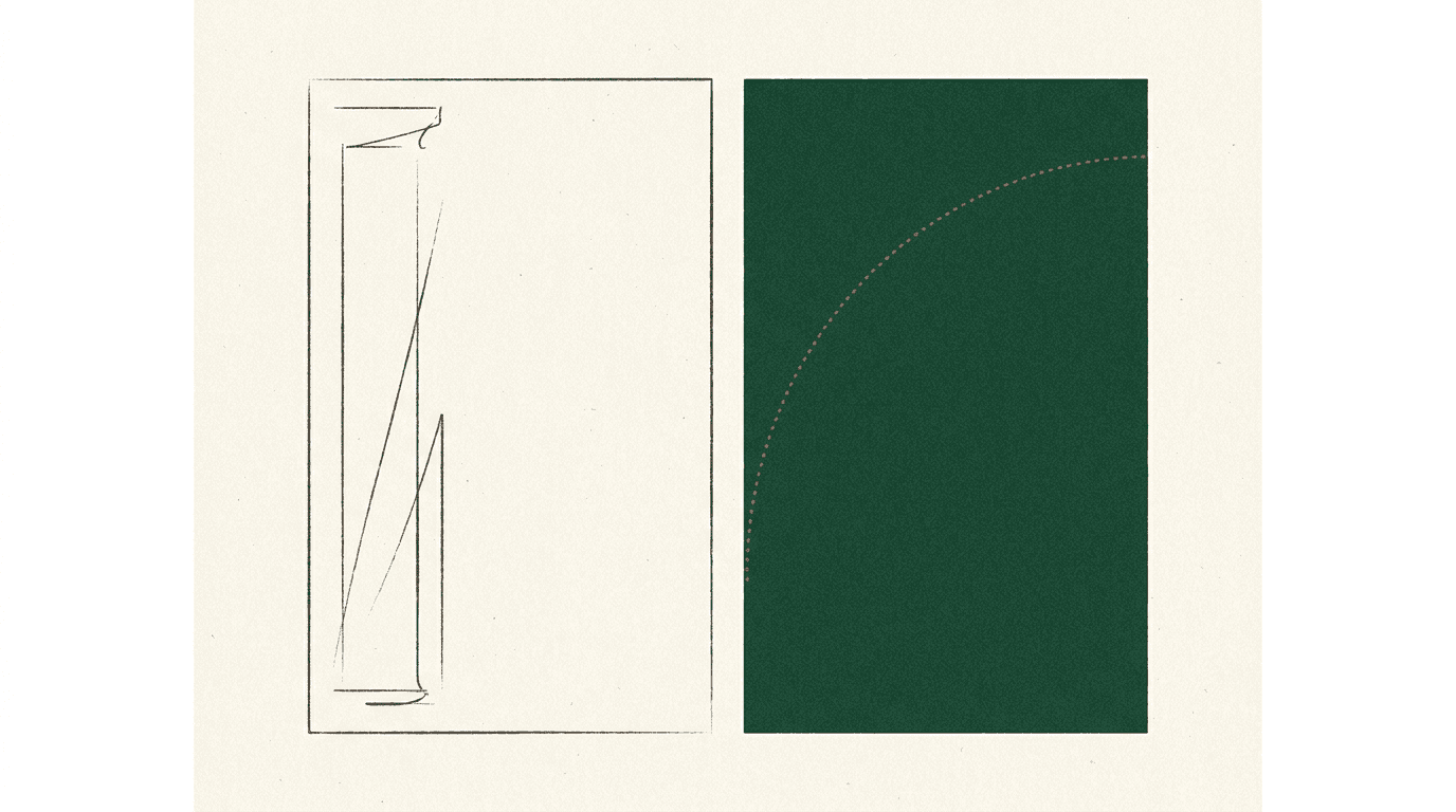 Minimal diptych illustration: a faint outlined panel beside a solid green panel with a rising dotted arc